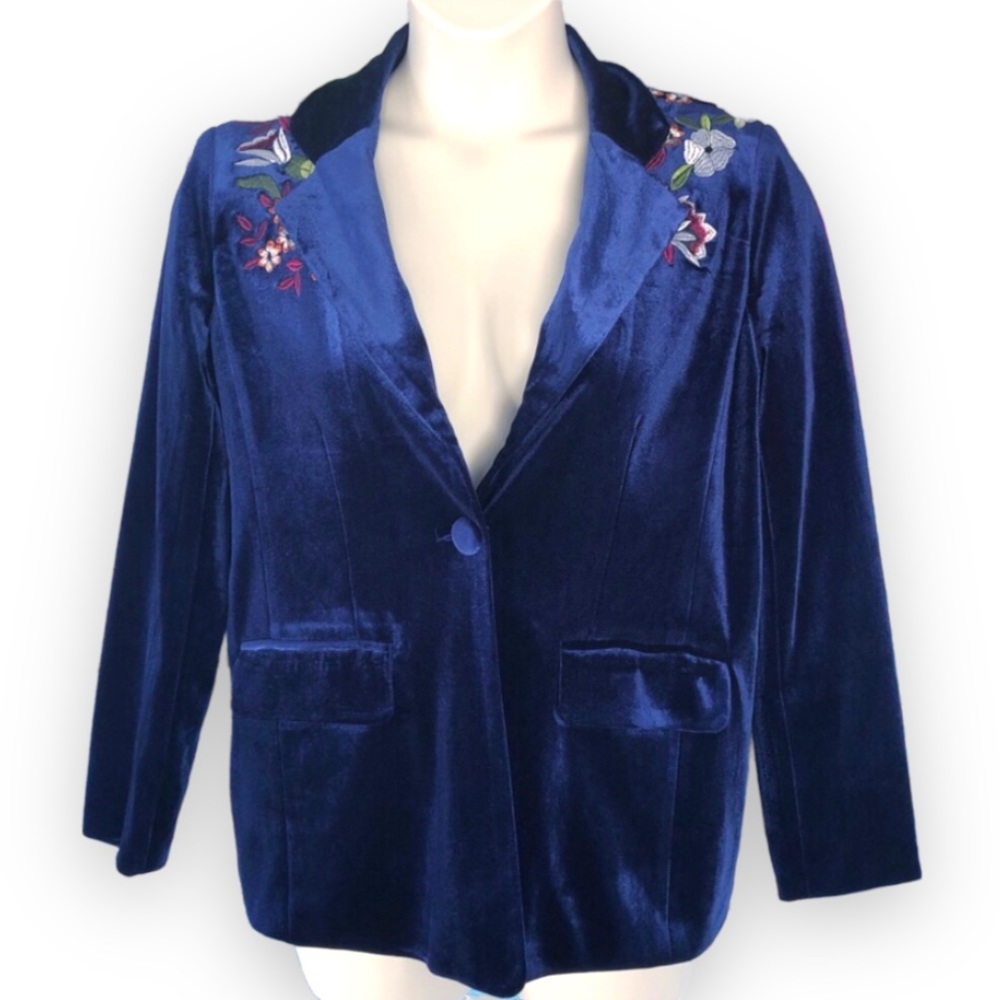 Colleen Lopez Velvet Blazer Blue Embroidered Jacket Size Large